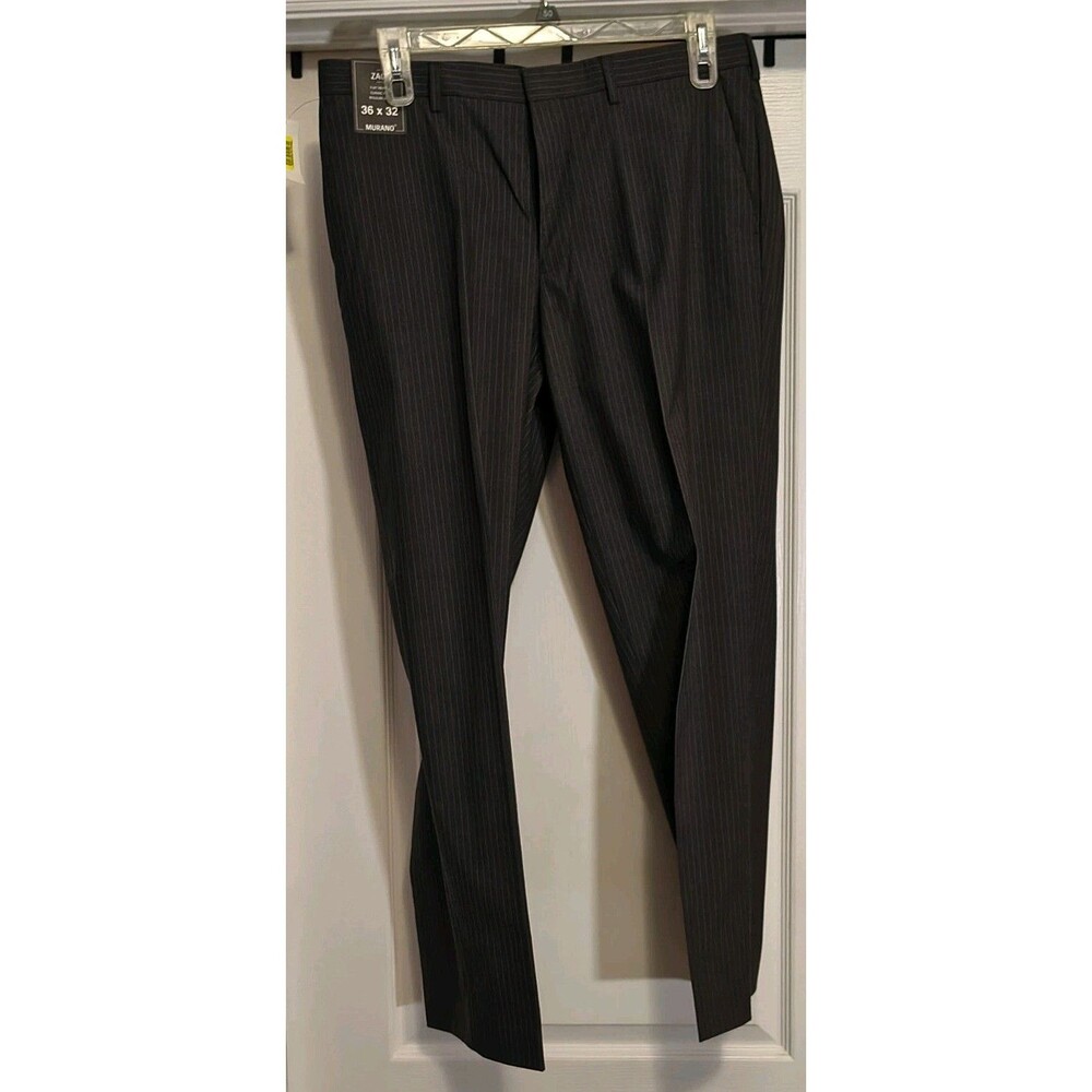 Men Grey stripe pants ZAC MURANO 36x32 CLASSIC FIT FLAT FRONT NEW
